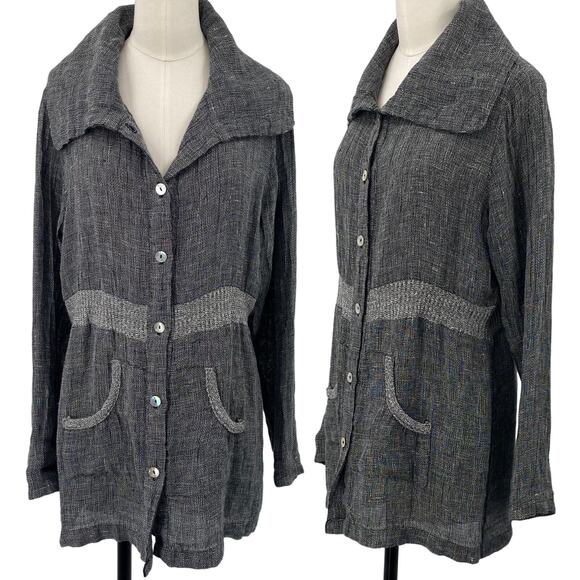 Fenini Linen Jacket Button Down Wide Collared Longline Pockets Grey Womens XS - Picture 2 of 8